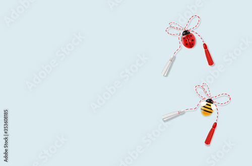 Hello spring, 1 march, 8 march, realistic martisor with bee and ladybug, spring symbol red and white, blue march banner, season decoration vector illustration