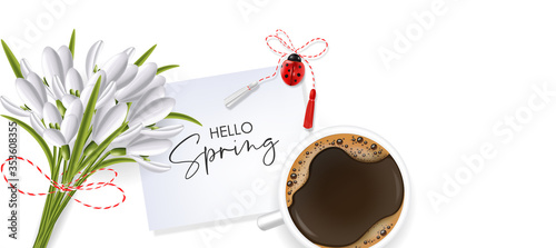 Hello spring, 1 march, 8 march, realistic martisor with national costume, spring symbol, red and white march banner, season decoration, realistic coffee and snowdrop vector illustration