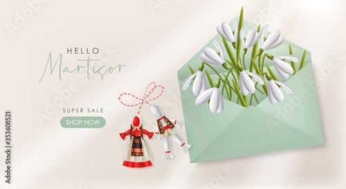 Hello spring, 1 march, 8 march, realistic martisor with national costume, spring symbol, red and white march banner, season decoration, realistic snowdrop and envelope vector illustration