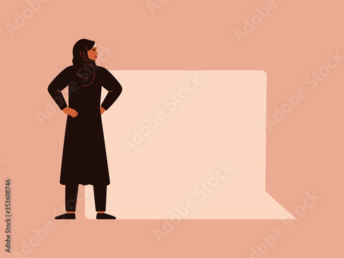 Young Muslim woman stays near a big speech square bubble. Free speech concept and female empowerment movement. Vector illustration
