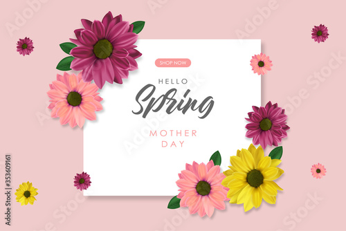 Hello spring, realistic colored flowers, weeding card, spring invitation, sale shop banner, elegant background, vector illustration