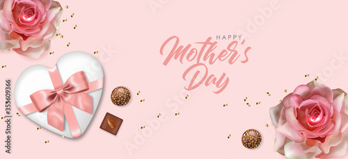 Hello spring, mother day, 8 march, realistic rose flowers, gift, chocolate, weeding card, spring invitation, sale shop banner, elegant background, vector illustration