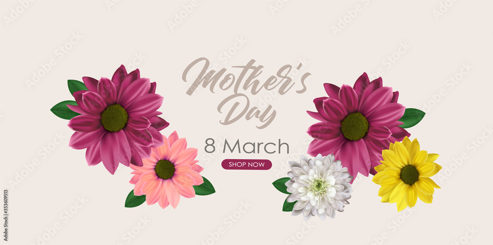 Hello spring, mother day, 8 march, realistic colored flowers, weeding card, spring invitation, sale shop banner, elegant background, vector illustration