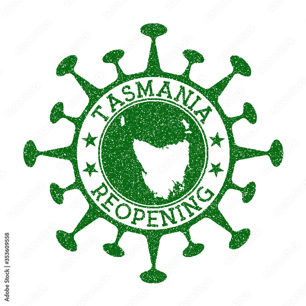 Tasmania Reopening Stamp. Green round badge of island with map of Tasmania. Island opening after lockdown. Vector illustration.