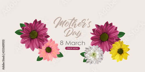 Hello spring, mother day, 8 march, realistic colored flowers, weeding card, spring invitation, sale shop banner, elegant background, vector illustration
