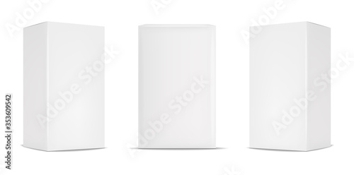 White box packaging set, realistic isolated white background, vector illustration, cosmetics box, isolated package
