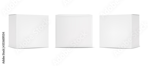 White box packaging set, realistic isolated white background, vector illustration, cosmetics box, isolated package © ElenaVector44