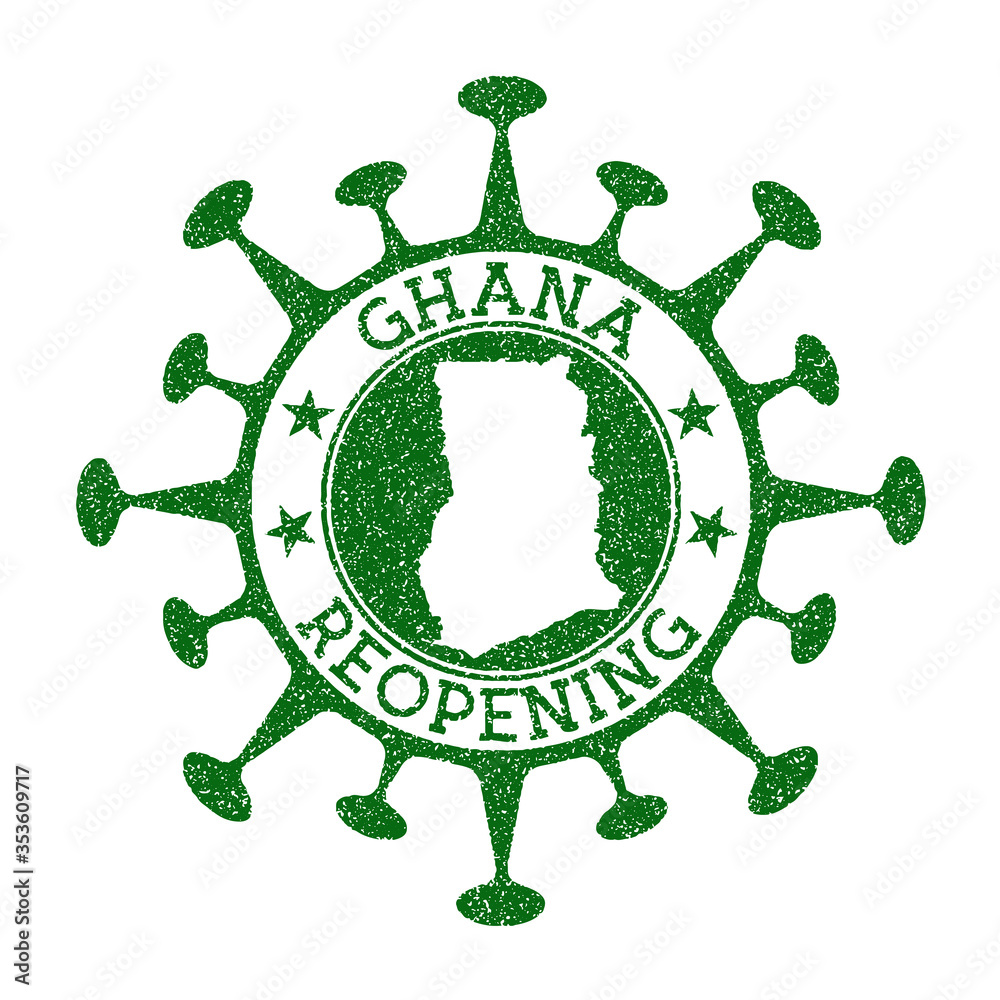Ghana Reopening Stamp. Green round badge of country with map of Ghana. Country opening after lockdown. Vector illustration.