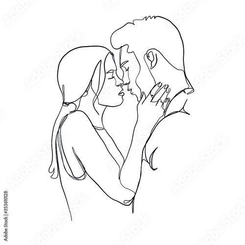 Linear kiss. Couple in minimal style. One continuous line drawing lovers. Logo couple in love. Silhouette male and female. Vector design for Valentines day, wedding invitations.