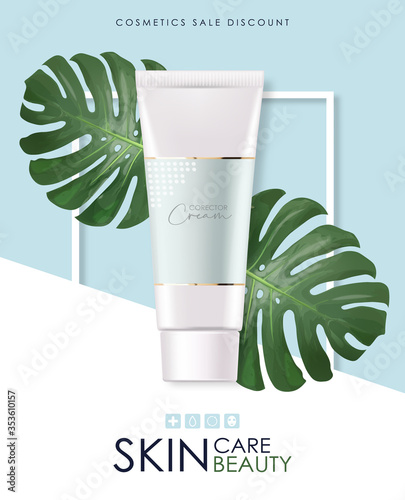 Realistic cleanser lotion bottle isolated container 3d, elegant design, packaging mockup, graphic banner, tropical background, blue design, vector illustration