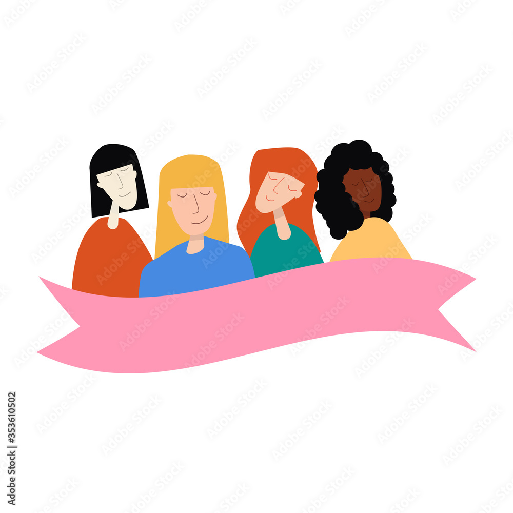Women of different nationalities: Asian, African-American, and European are in favor of breast cancer prevention. Women's day. Pink ribbon symbol. Women of different nationalities: Asian, African-American, and European are in favor of breast cancer prevention. Women's day. Pink ribbon symbol.