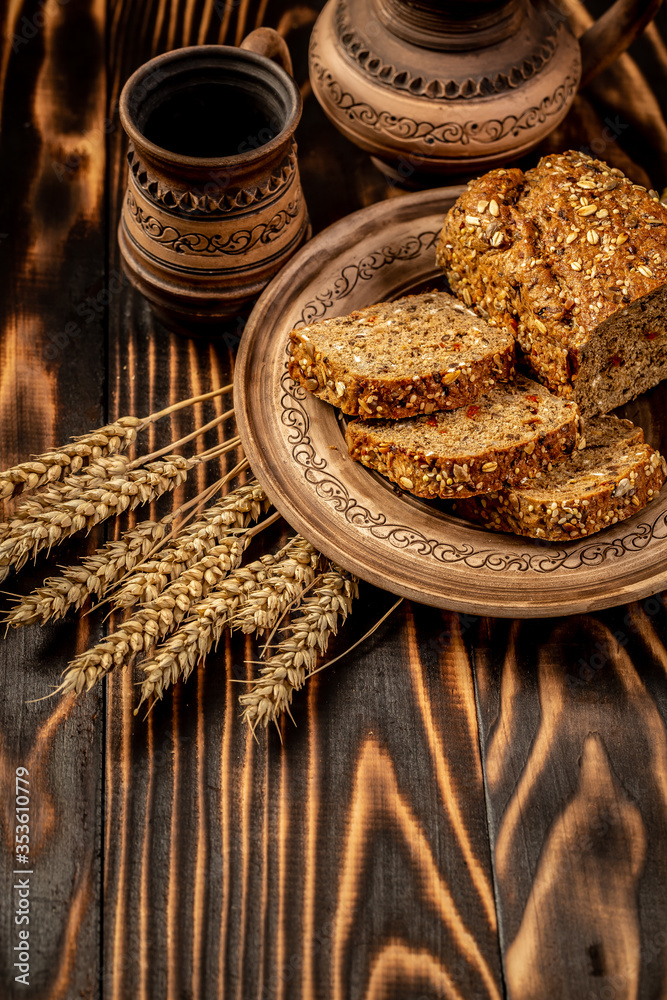 Authentic sourdough bread. Leavened bread. Sourdough starter. Whole wheat bread. Piece of bread. Rustic organic bio product. Handcrafted product. place under the text Authentic sourdough bread. Leavened bread. Sourdough starter. Whole wheat bread. Piece of bread. Rustic organic bio product. Handcrafted product. place under the text