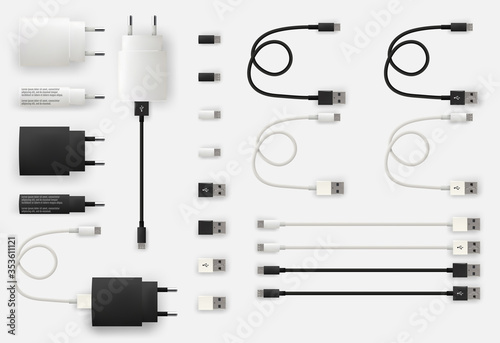 Realistic 3D USB micro cables, connectors, sockets and plug photo