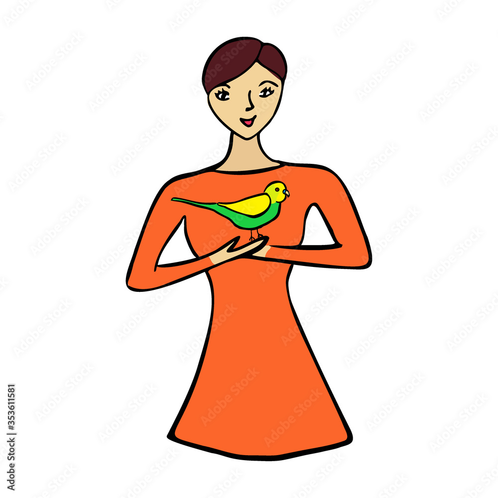 Girl holding parrot. Female character and exotic bird isolated on white background. Hand drawn vector illustration Girl holding parrot. Female character and exotic bird isolated on white background. Hand drawn vector illustration