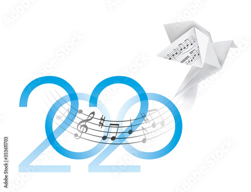 Musical Year 2020 with origami dove. 
Inscription 2020 and Stylized illustration of paper pigeon with musical notes. Vector available.


