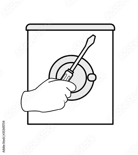 hand holds a screwdriver on the background of a washing machine. repair of a washing machine. serviceman. logo. vector illustration.