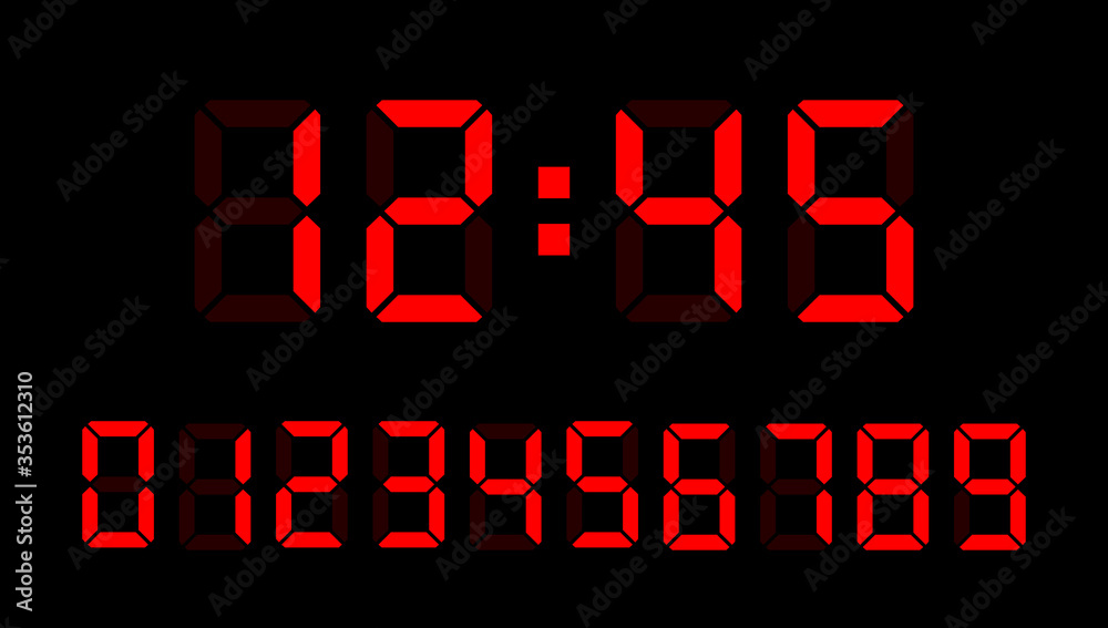 Digital clock number set. Led digit set. Electronic figures. Vector illustration. Digital clock number set. Led digit set. Electronic figures. Vector illustration.