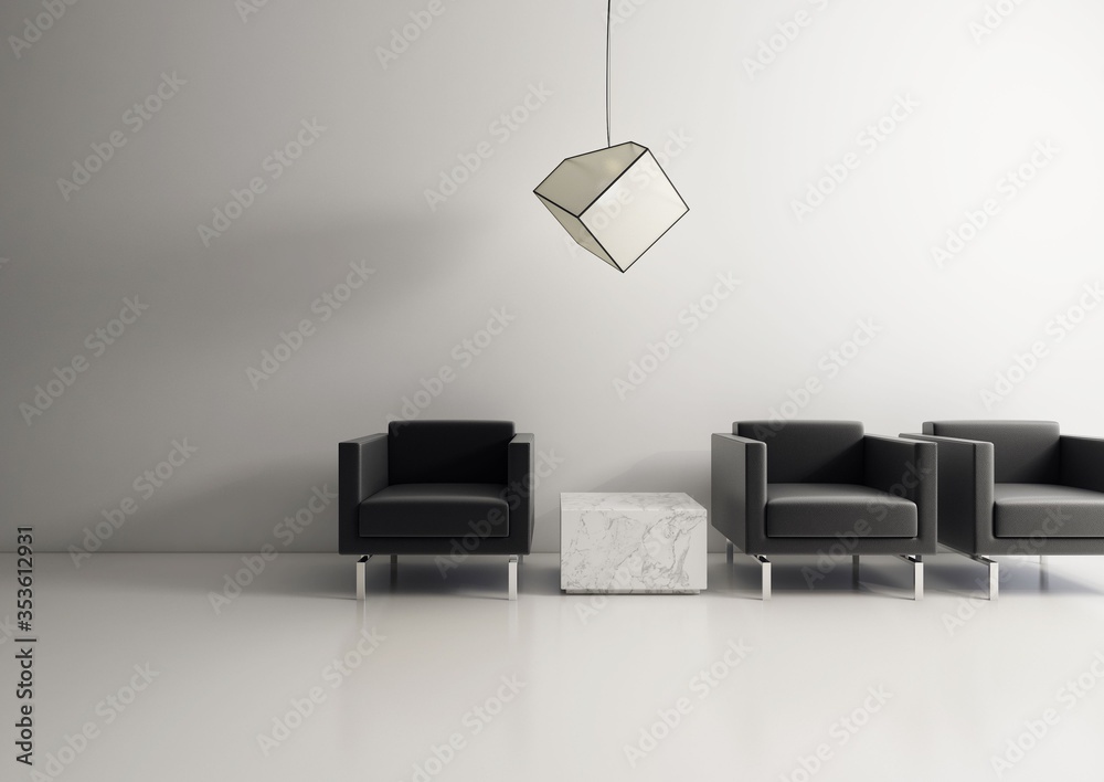 Czarno-białe minimalistyczne wnętrze z czarnymi fotelami białą posadzką epoksydową. - obrazy, fototapety, plakaty 
