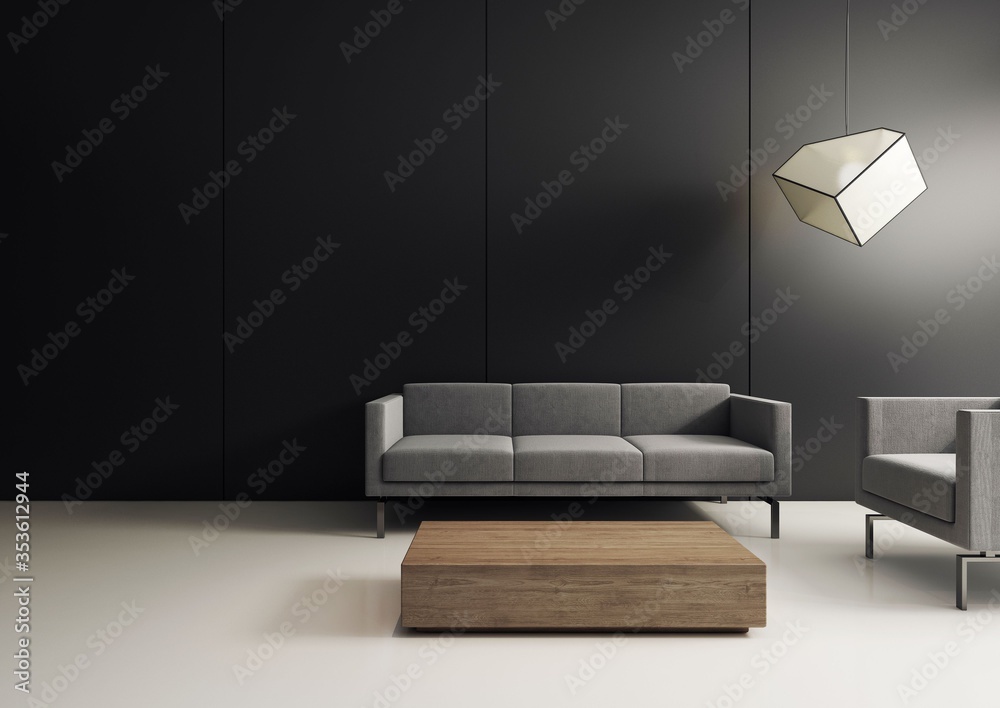 Minimalistyczne, nowoczesne wnętrze z sofą, czarnymi panelami ściennymi i białą epoksydową posadzką. - obrazy, fototapety, plakaty 