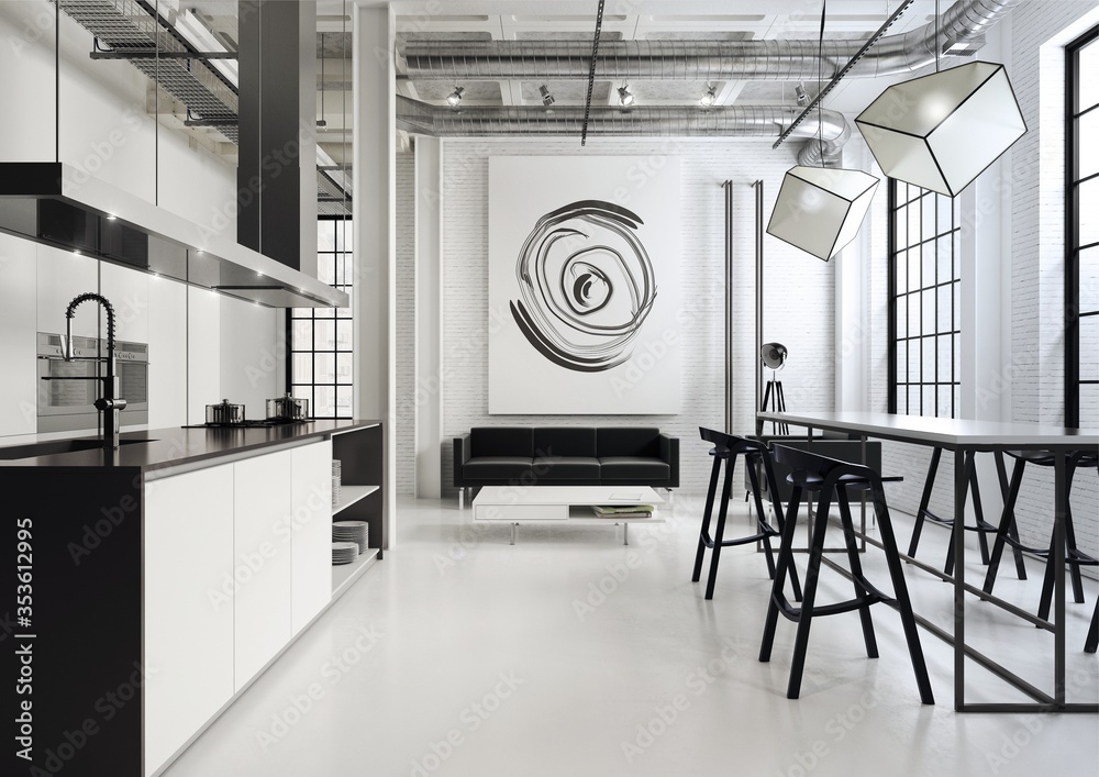 Wnętrze loftu zaprojektowanego w kolorach czerni i bieli . Otwarta przestrzeń z kuchnią, jadalnią i pokojem dziennym. - obrazy, fototapety, plakaty 