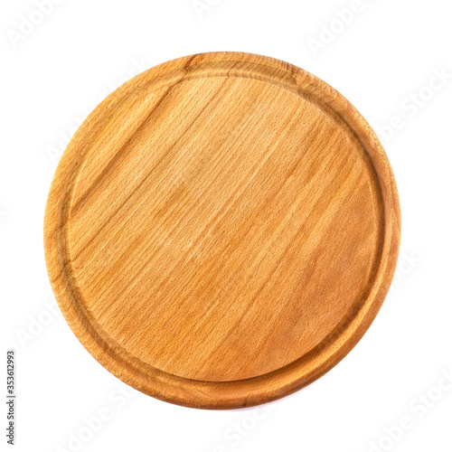 Old village round kitchen cutting Board for food isolated on white background. Stand for pizza