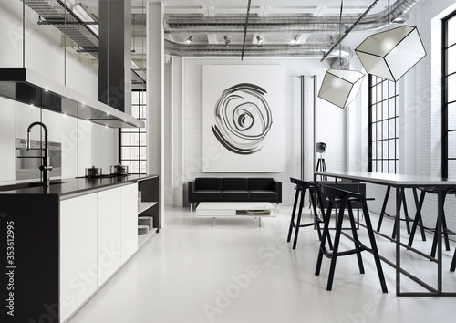 Wnętrze loftu zaprojektowanego w kolorach czerni i bieli . Otwarta przestrzeń z kuchnią, jadalnią i pokojem dziennym.