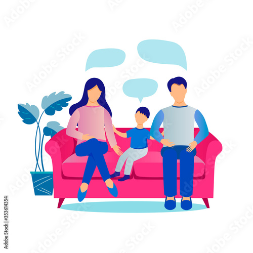 family members - mother, father, and a preschooler son sit on the couch and talk. Vector illustration