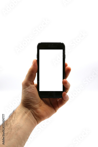 Smartphone mockup hand holding black phone white screen on white background