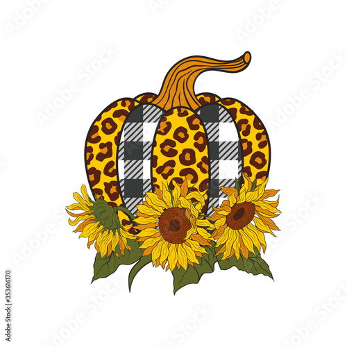 .Bright Sunflowers and Leopard Plaid Pumpkin. Farmhouse Decor. Vector illustration.