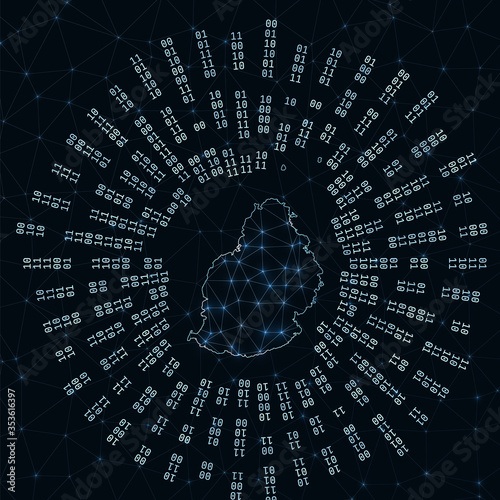 Mauritius digital map. Binary rays radiating around glowing island. Internet connections and data exchange design. Vector illustration.