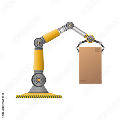 A mechanical robot holds a box. Industrial robotic arm lifts a load. Modern industrial technology. Appliances for manufacturing enterprises. Isolated. Vector.