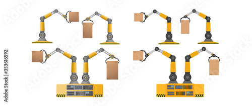 Set of mechanical robots holding boxes. Industrial robotic arm lifts a load. Modern industrial technology. Appliances for manufacturing enterprises. Isolated. Vector.