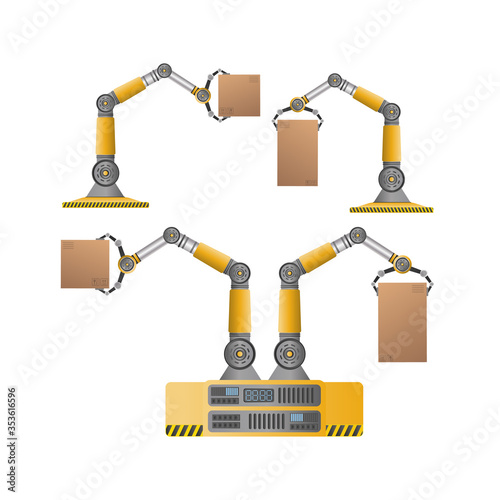 Set of mechanical robots holding boxes. Industrial robotic arm lifts a load. Modern industrial technology. Appliances for manufacturing enterprises. Isolated. Vector.