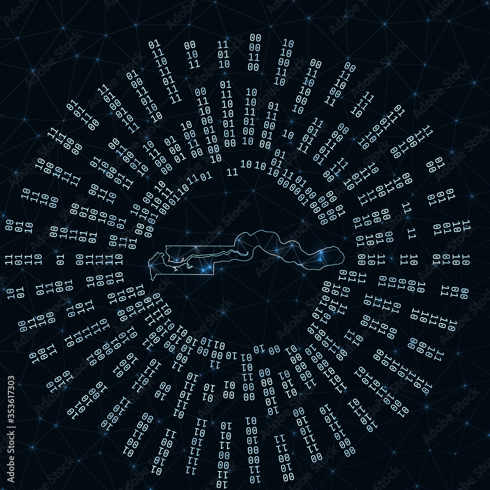 Gambia digital map. Binary rays radiating around glowing country. Internet connections and data exchange design. Vector illustration. Gambia digital map. Binary rays radiating around glowing country. Internet connections and data exchange design. Vector illustration.