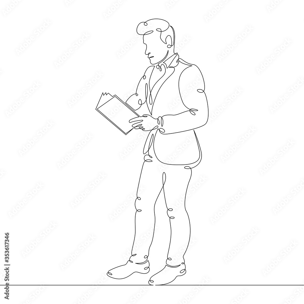 male character character reading a book. Concept of education and training.