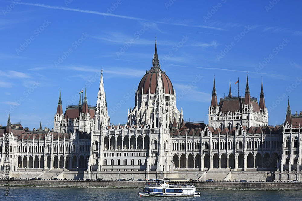 Fototapeta premium Budapest parliament landscape, tourist view of the capital of hungary in europe, architecture landscape