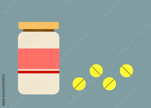 Vector illustration of medicine bottle and tablets.