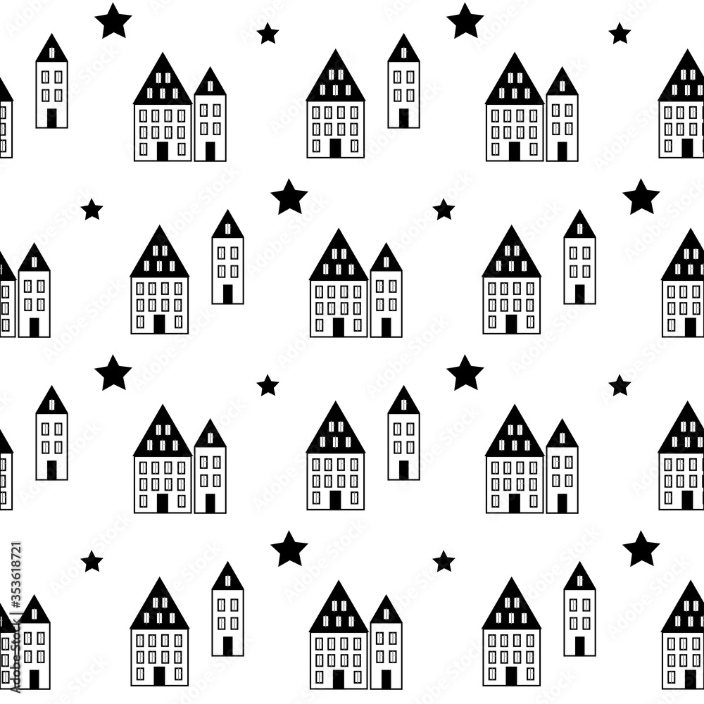 Seamless pattern with houses and stars on white background for fabric, textile, clothes, tablecloth and other things. Vector image.