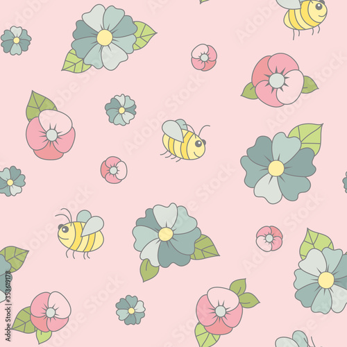 Wallpaper Mural Childish seamless pattern with flowers and bees. It can be used for interior design, printing on fabric, for packaging, postcards. Torontodigital.ca