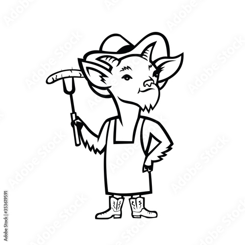 Cowboy Billy Goat Barbecue Chef Mascot Black and White