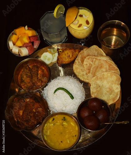  Bengali thali for Jamai Sasthi Ritual. Jamayi Sosti ritual held every year in Bengali families which means Long life for Son In law. Top angle shot