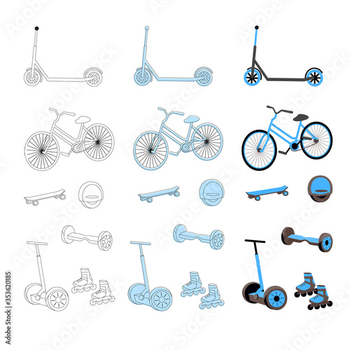 Set of devices for outdoors urban activity: rollers, skateboard, bicycle,  electric scooter, monocycle, hoverboard. Vector isolated illustration. 