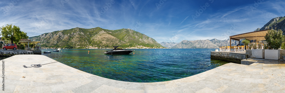 Obraz na plátně Sunny morning panoramic view of Kotor bay near old town, Montenegro