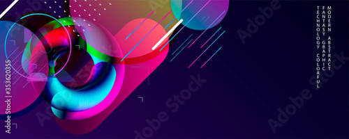 Blue dark retro futuristic neon abstraction background. Graphic elements different colors line shapes and round shapes Live data style
