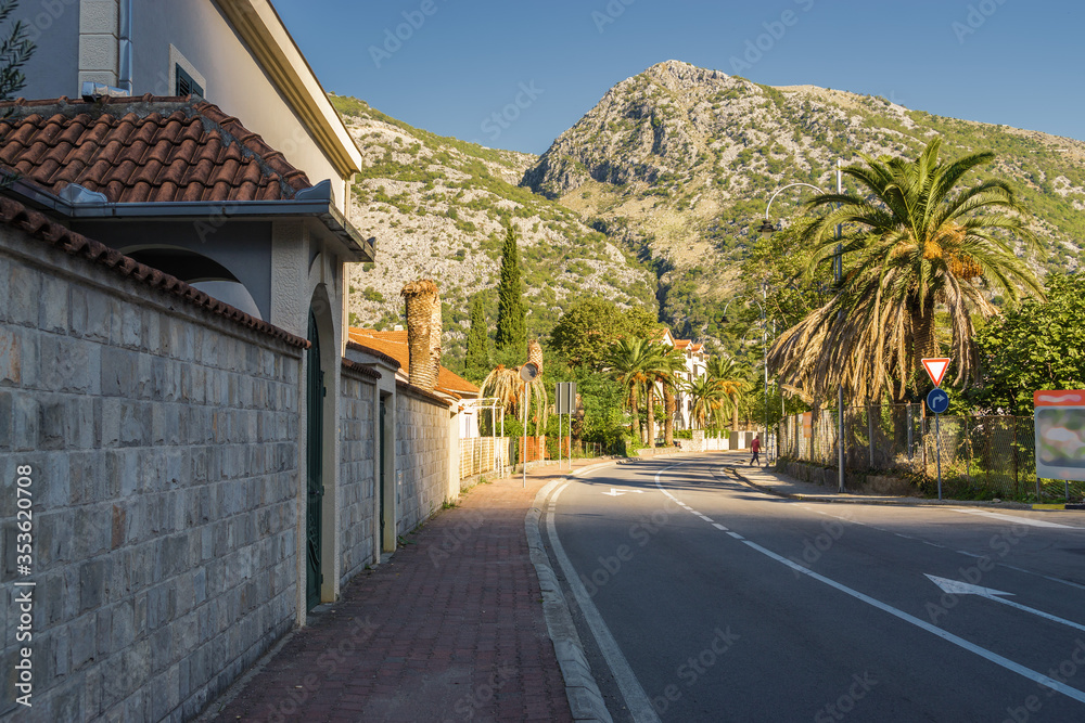 Sunny morning view of Risan, small town in Kotor bay, Montenegro.