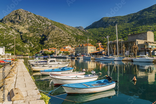 Sunny morning view of Risan, small town in Kotor bay, Montenegro. © Neonyn