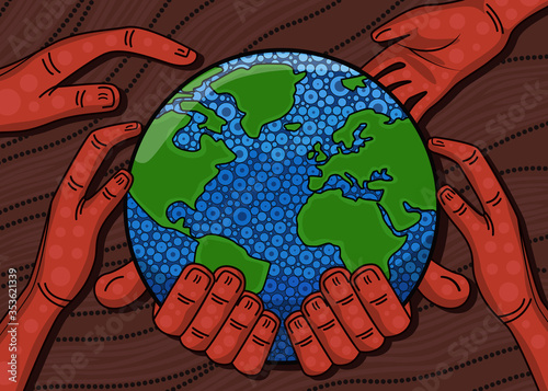 Save the planet together. Aboriginal dot art vector painting