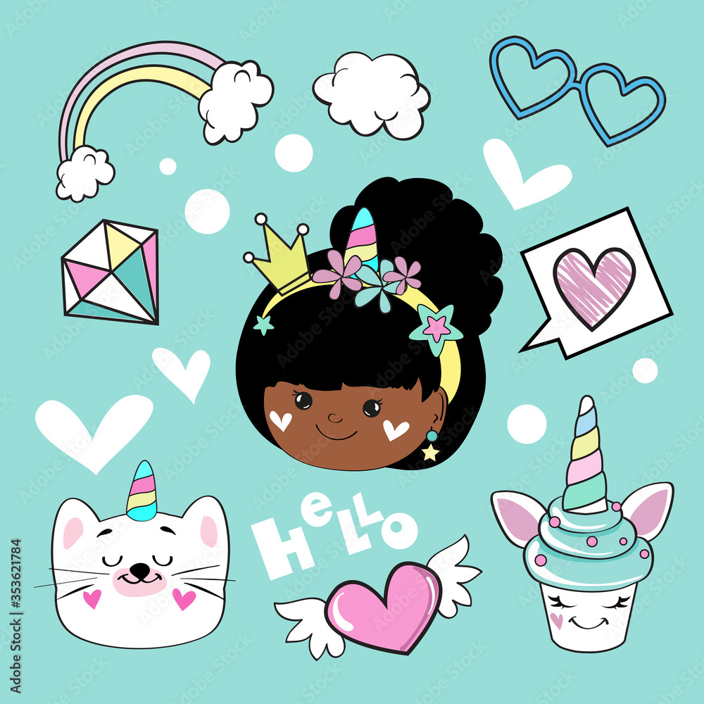 Collection with afro american girl, unicorn cats, clouds and different unicorn items on a blue background for children. Vector stock illustration for Birthday Collection with afro american girl, unicorn cats, clouds and different unicorn items on a blue background for children. Vector stock illustration for Birthday