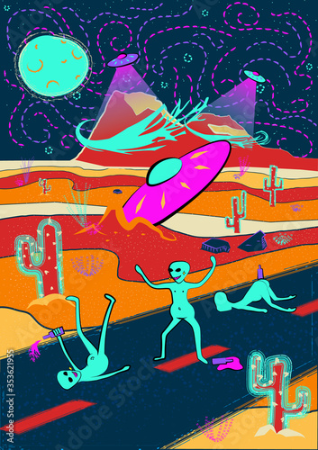 Background wallpaper of three drunk alien on street which located in the desert.