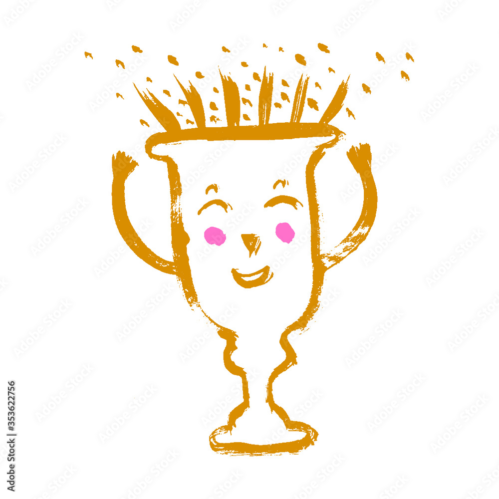 Cute Trophy character in cartoon style. Smiley golden cup for winners ...